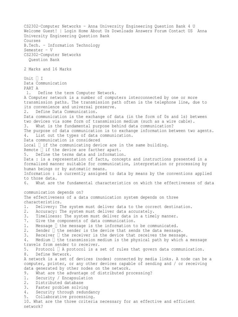 CS2302 Computer Networks Question Bank | PDF | Transmission Control ...