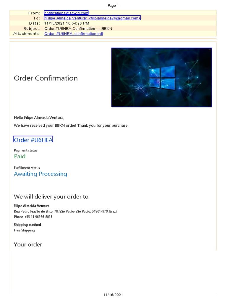 Order Confirmation for Filipe | PDF