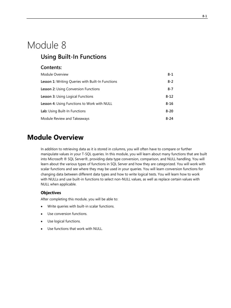Using Built-In Functions: Module Overview | PDF | Microsoft Sql Server ...
