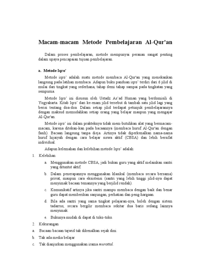 Macam Macam Metode Pembelajaran Al Quran