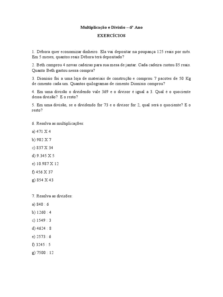 Exercícios de Multiplicação e Divisão 6º Ano | PDF