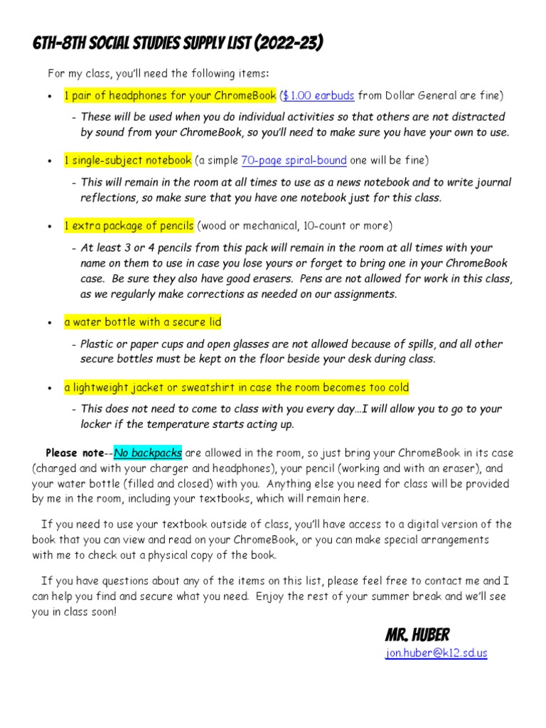 6th8th Social Studies Supply List 202223 Download Free PDF Equipment