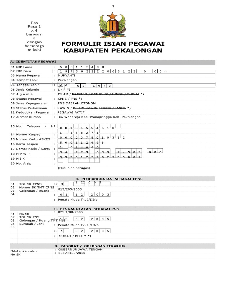 Contoh Formulir Isian Pegawai PNS | PDF