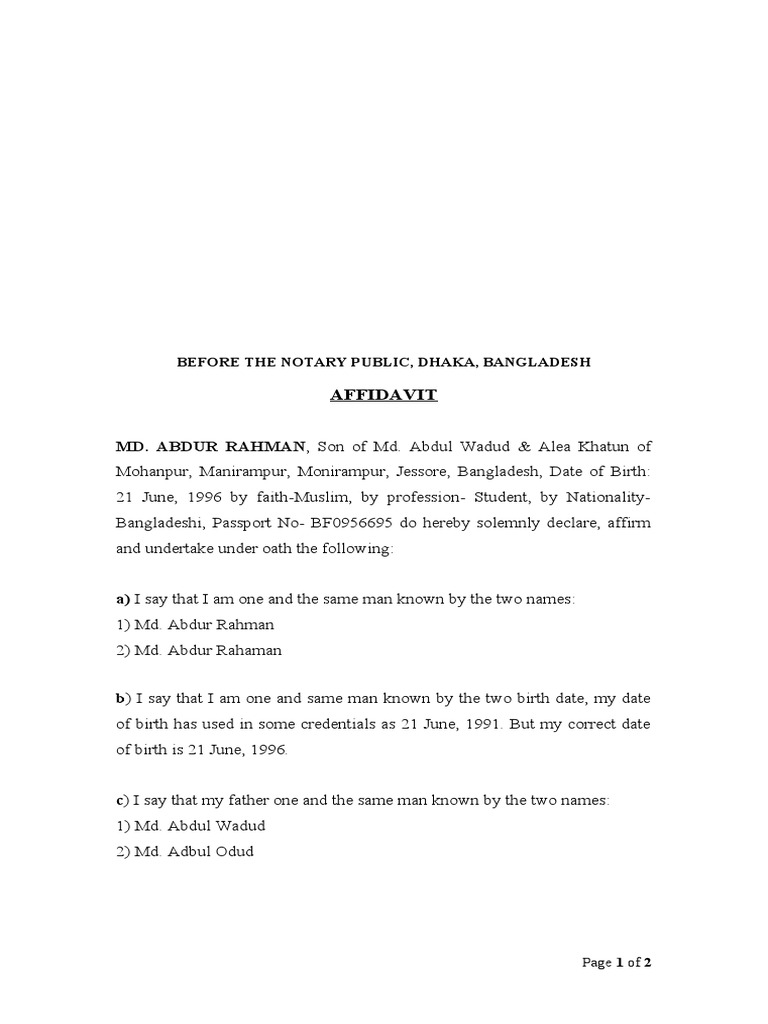 Affidavit Before The Notary Public, Dhaka, Bangladesh PDF