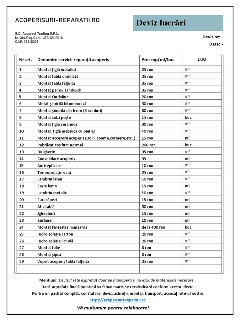 Deviz Manopera Acoprestt | PDF