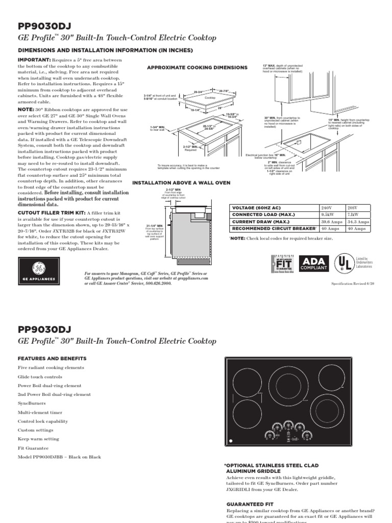 PP9030DJ GE Profile 30" BuiltIn TouchControl Electric Cooktop PDF