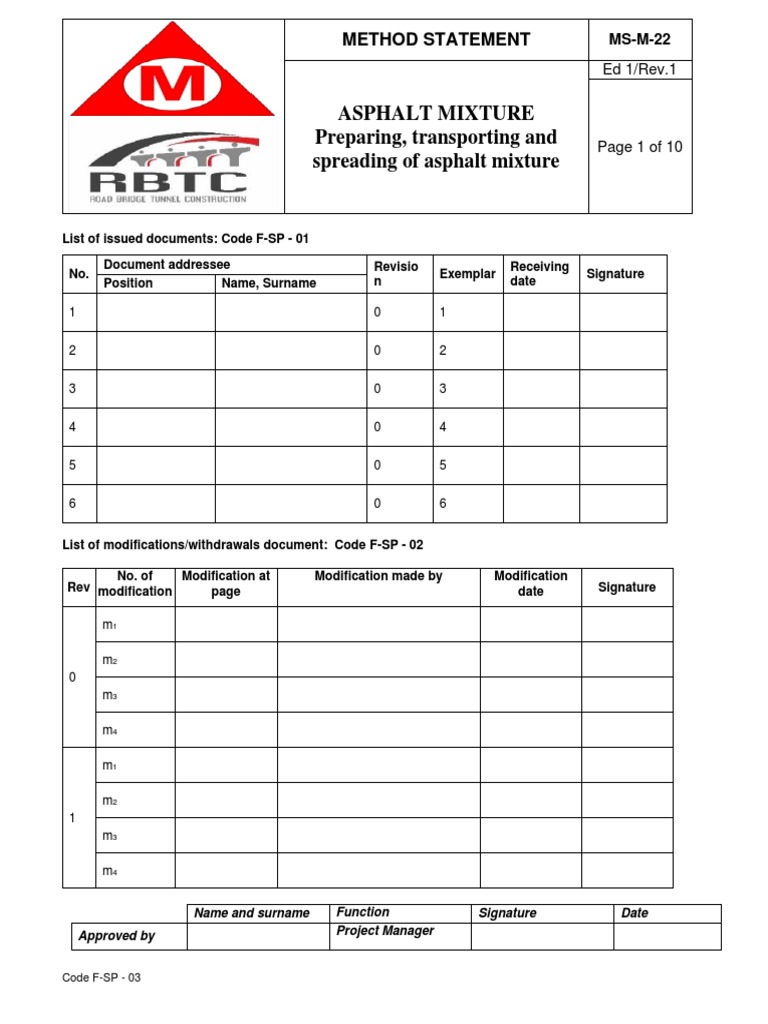 Asphalt Mixture Method Statement Guide | PDF | Asphalt | Road Surface