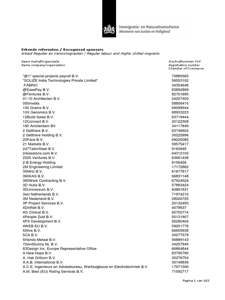 Erkende Referenten / Recognised Sponsors: Arbeid Regulier en  Kennismigranten / Regular Labour and Highly Skilled Migrants | PDF |  Business | Companies
