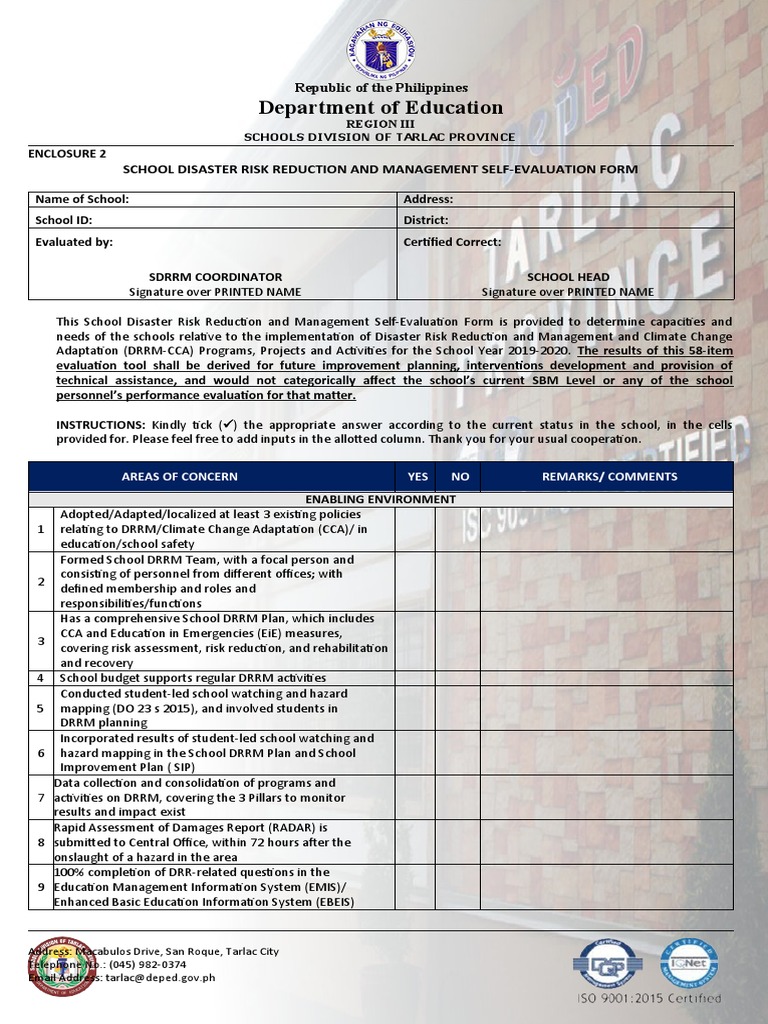 ENCLOSURE 2. SDRRM SELF EVALUATION FORM | PDF | Disaster Risk Reduction ...