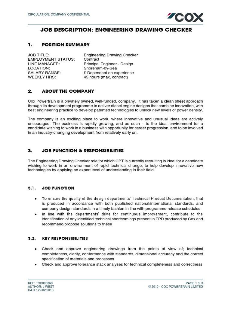 TCD000369 Engineering Drawing Checker Job Description PDF Engineering