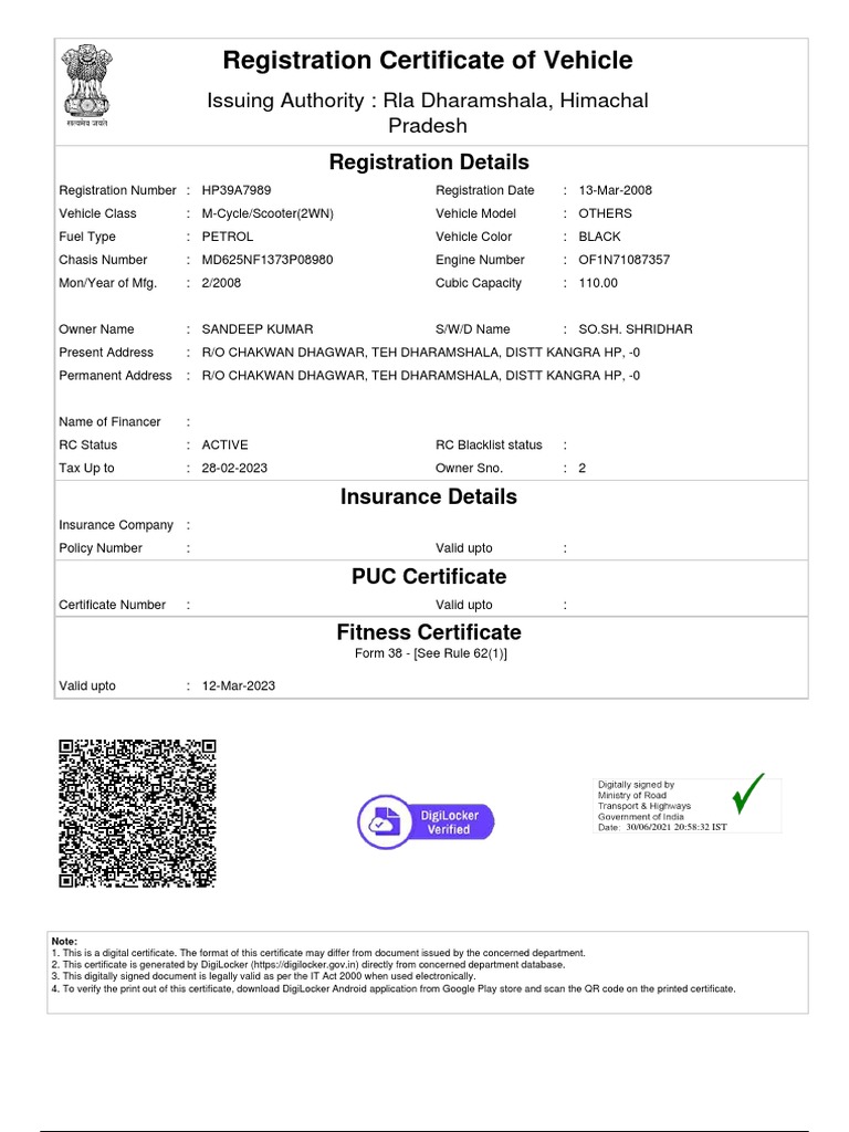 Vehicle Registration Certificate - HP | PDF | Transport | Vehicles