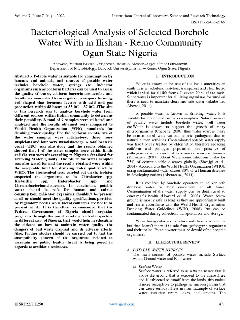 Bacteriological Analysis of Selected Borehole Water With in Ilishan Remo Community Ogun State