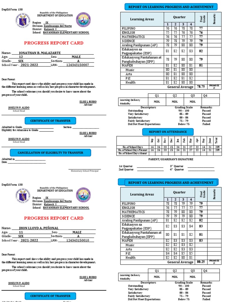 Progress report card republic of the philippines pdf social