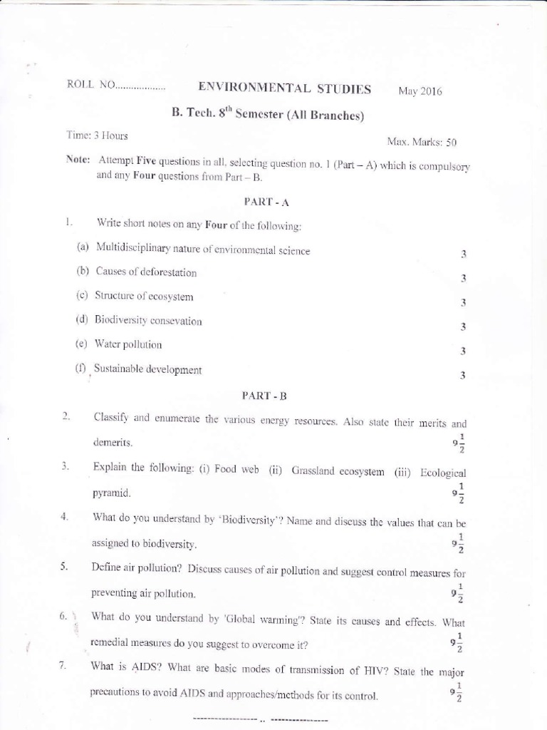 Environmental Studies Exam Questions | PDF | Environmental Technology ...