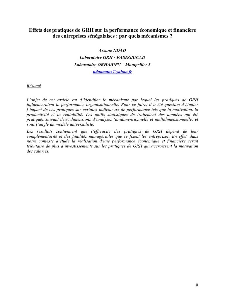 Impact des pratiques de GRH sur la performance | PDF | Gestion des ...