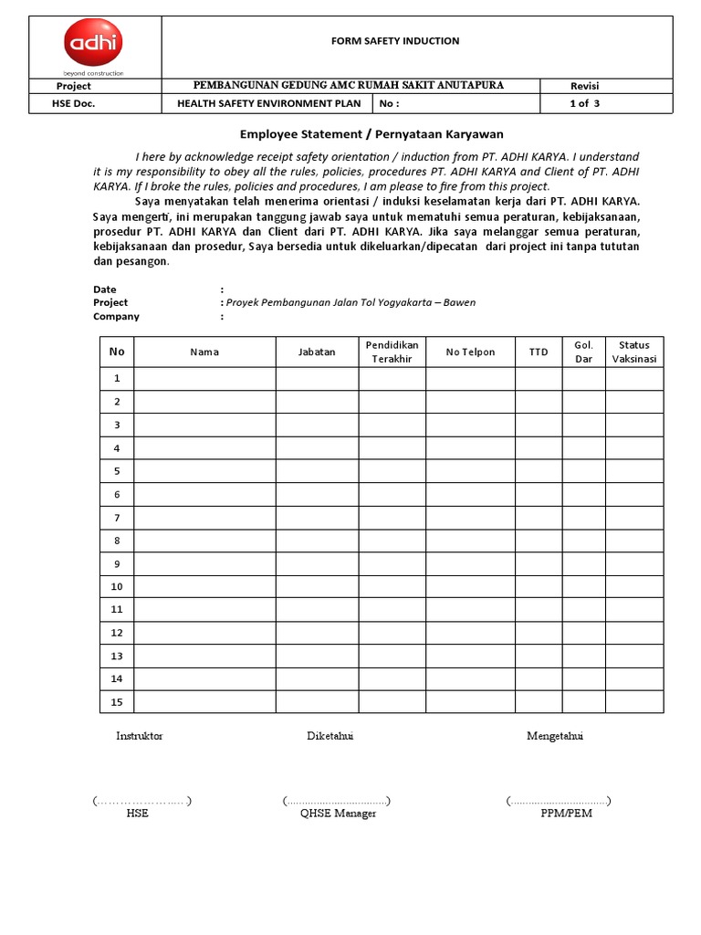 Formulir Induksi Keselamatan Konstruksi | PDF | Teknologi & Rekayasa