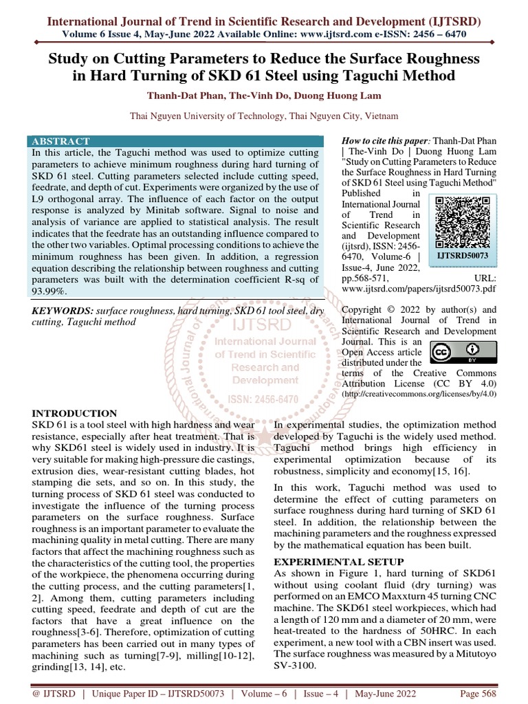 Study On Cutting Parameters To Reduce The Surface Roughness in Hard