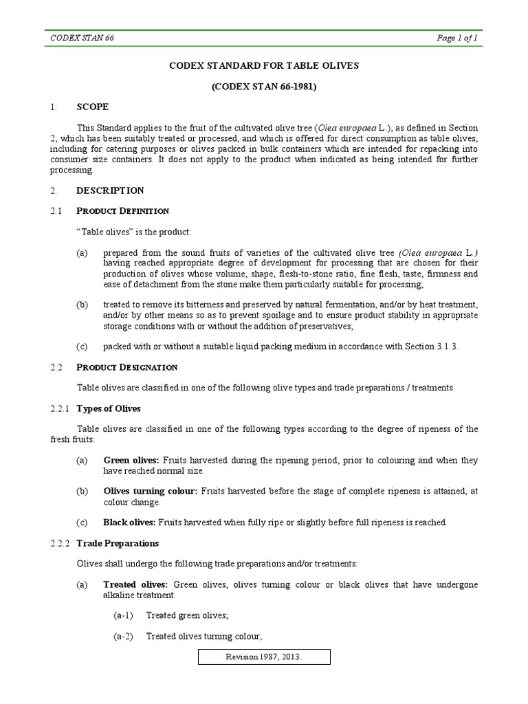 Codex Standard for Table Olives | PDF | Olive | Foods