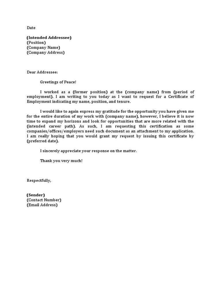 Request Letter For Certificate of Employment PDF
