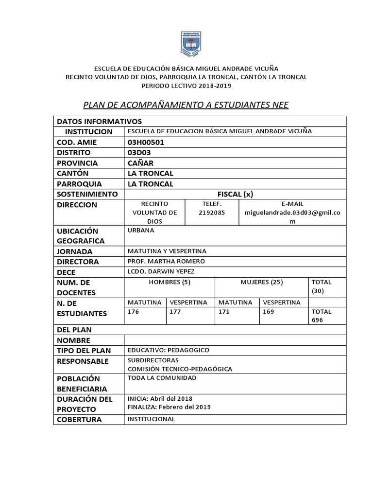 Plan de Acompañamiento NEE 2018-2019 | PDF | Inclusión (Educación ...