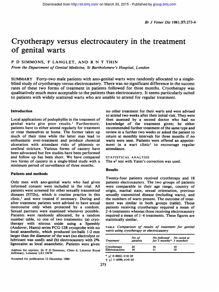 1 Cryotherapy Versus Electrocautery in The Treatment of Genital Warts. PDF Sexually