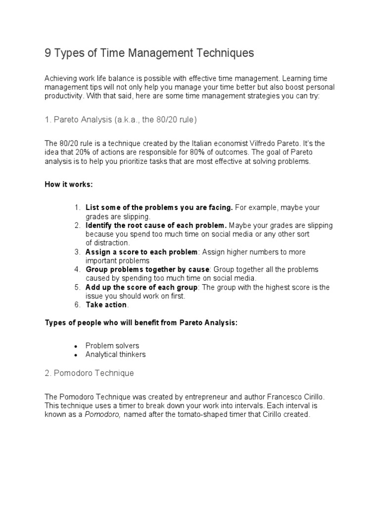 9 Types of Time Management Techniques PDF Time Management