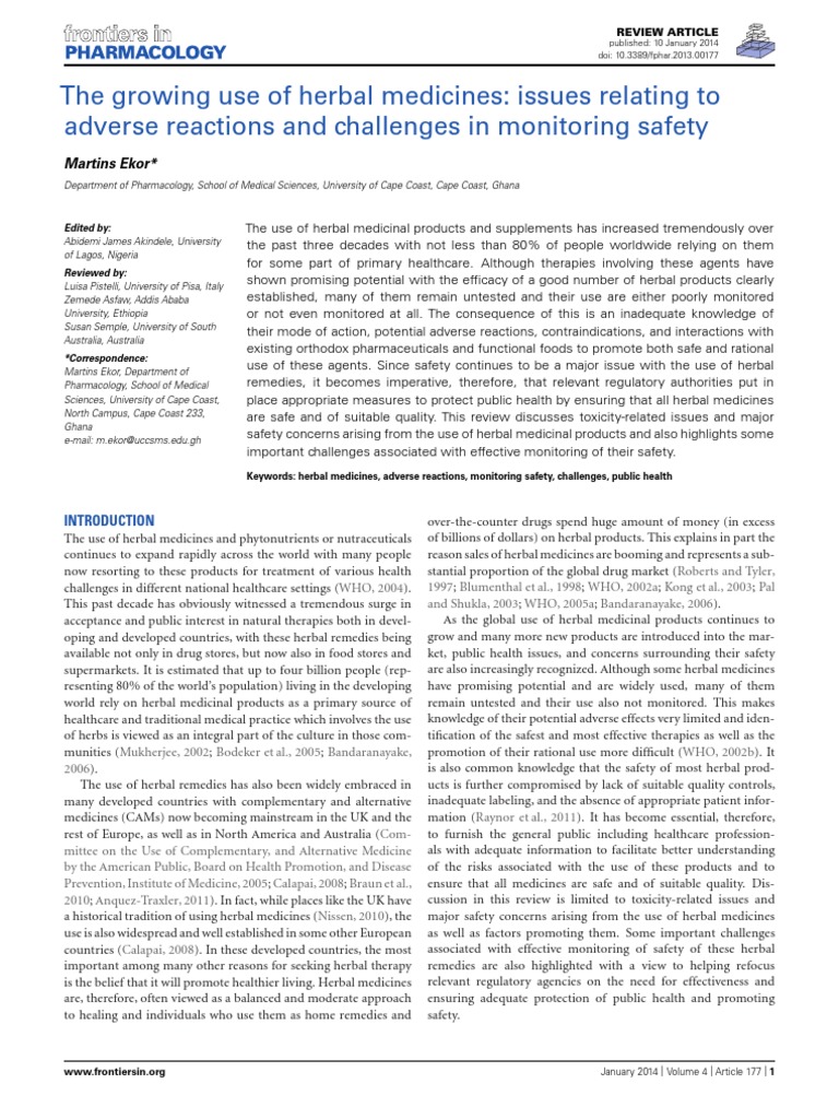 The Growing Use of Herbal Medicines Issues Relating To Adverse