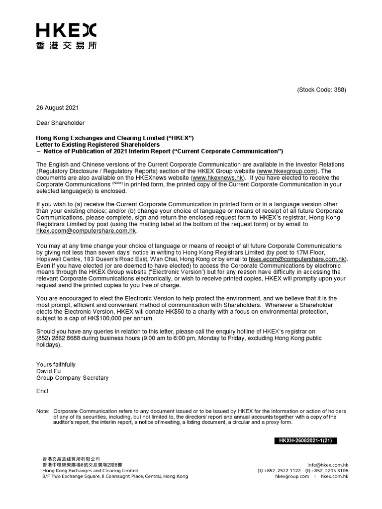 Hong Kong Exchanges and Clearing Limited ("HKEX") Letter To Existing Registered Shareholders