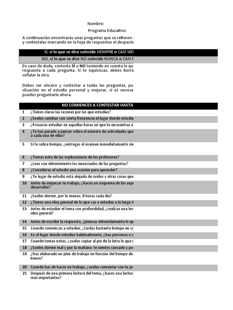 Cuestionario de Hábitos de Estudio CHTE | PDF | Crecimiento personal y ...