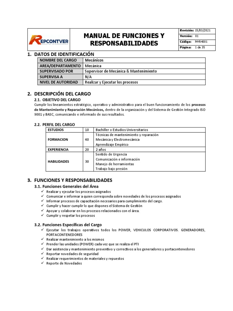 Manual de Funciones y Responsabilidades Mecanica | PDF | Business