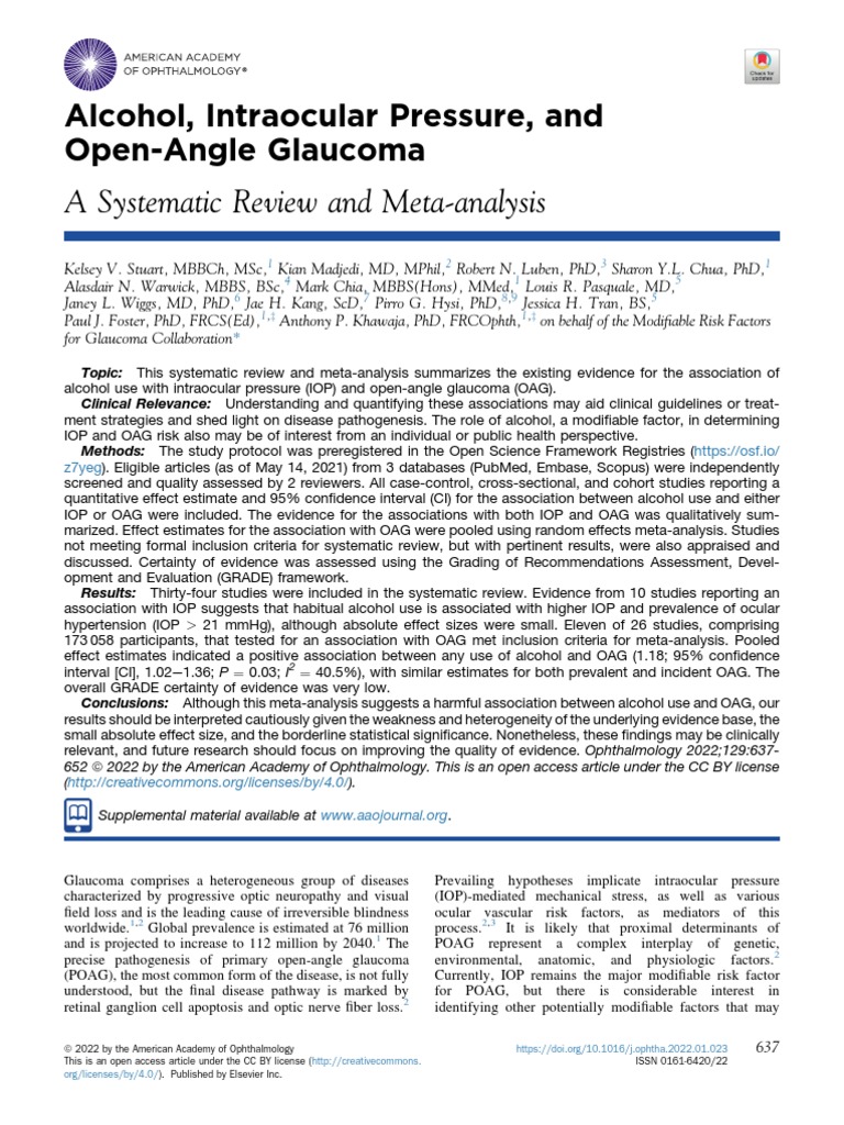 The Association Between Alcohol Use and Intraocular Pressure and Open