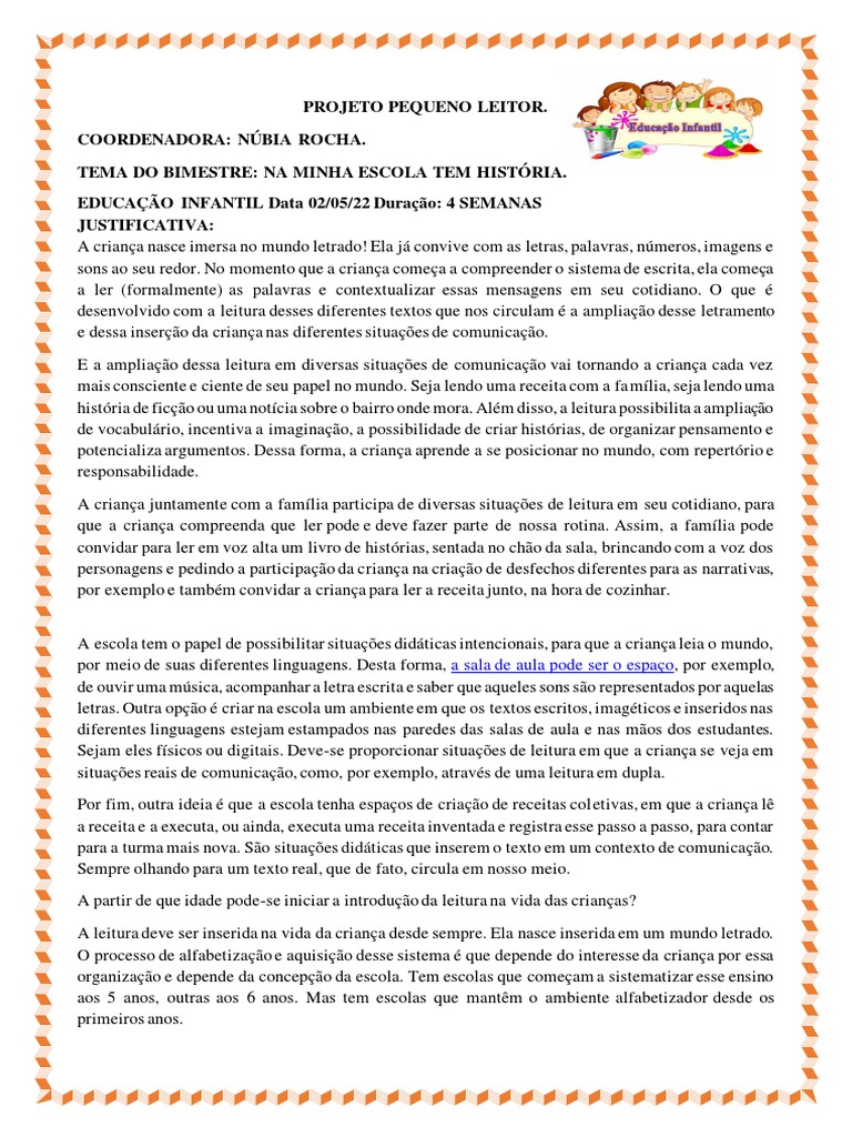 Projeto De Leitura Pequeno Leitor Pdf Comunicação Família