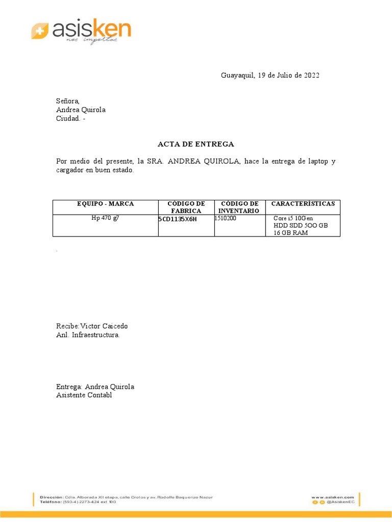 ACTA DE ENTREGA DE EQUIPOS Andrea Q | PDF | Ordenador portátil ...