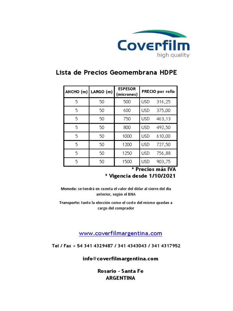 Lista de Precios Geomembrana HDPE | PDF