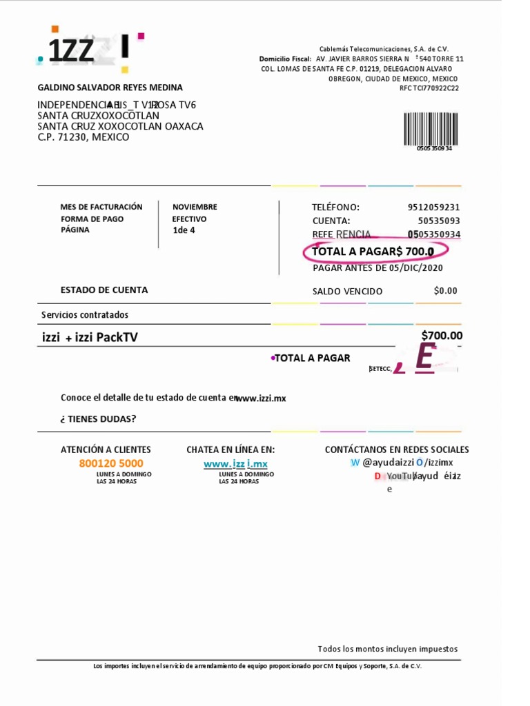 Recibo Izzi Actualizado PDF | PDF | Telecomunicaciones | Industrias de ...