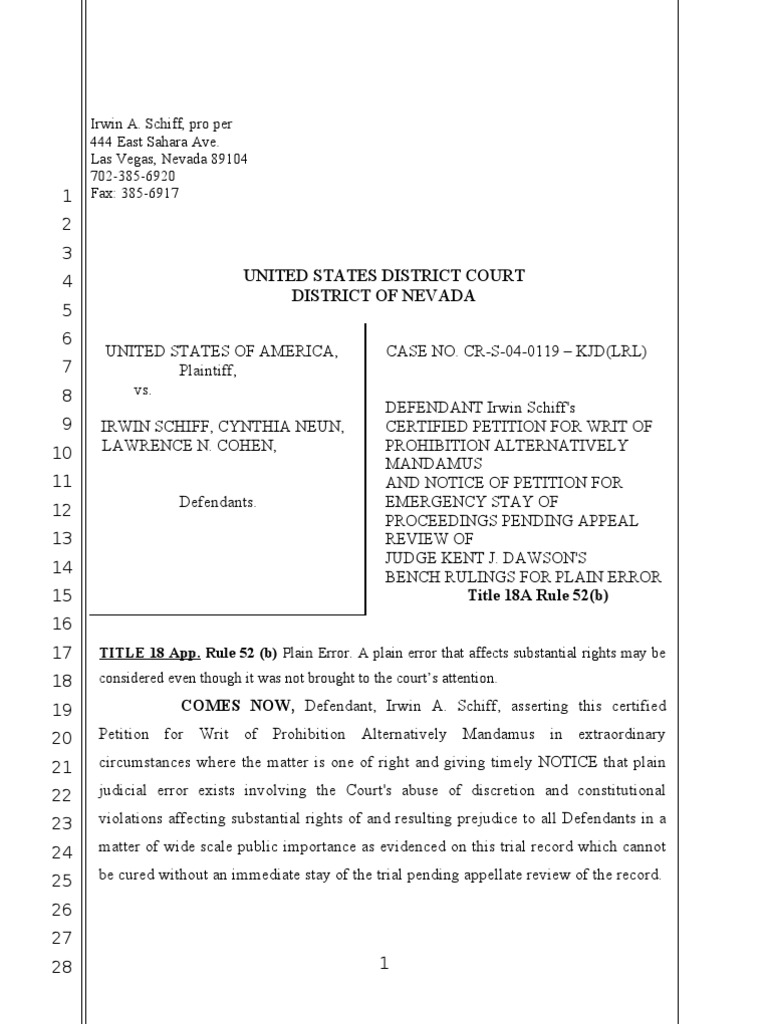 Petition for Writ of Prohibition Mandamus Stay Pending Appeal Rule 52 b