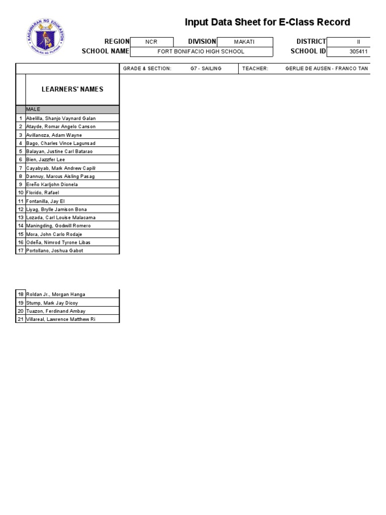 Input Data Sheet For E Class Record Region Division District School