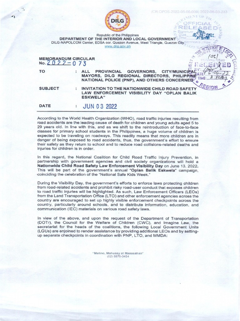 Memorandum Nationwide Child Road Safety Law Enforcement Visibility Day