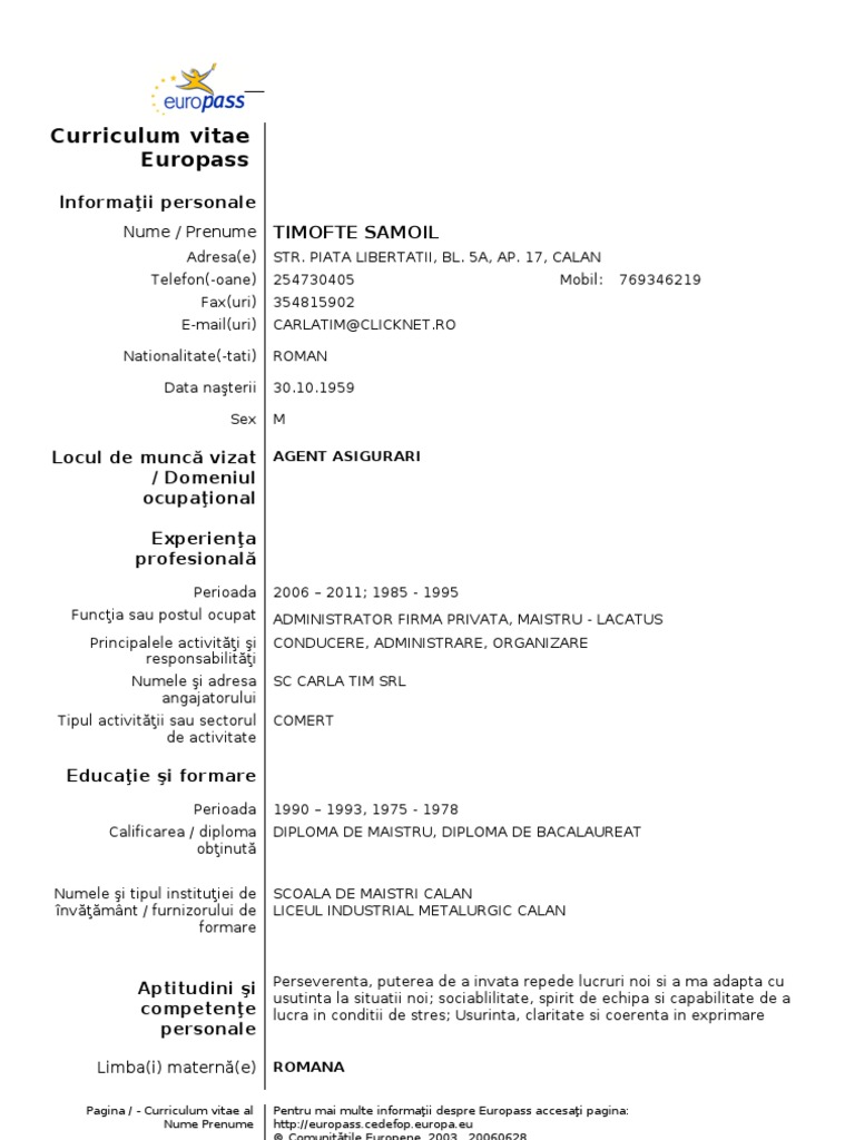 Model Cv Curriculum Vitae European Romana