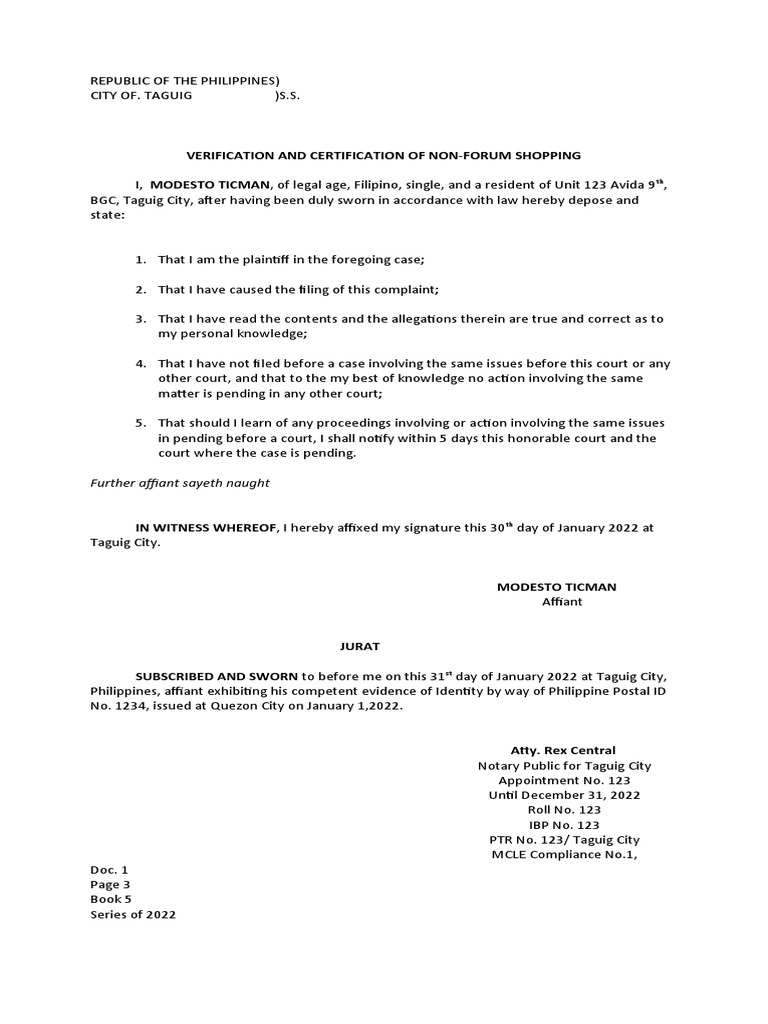 Verification and Certification of Non-Forum Shopping: Further Affiant ...