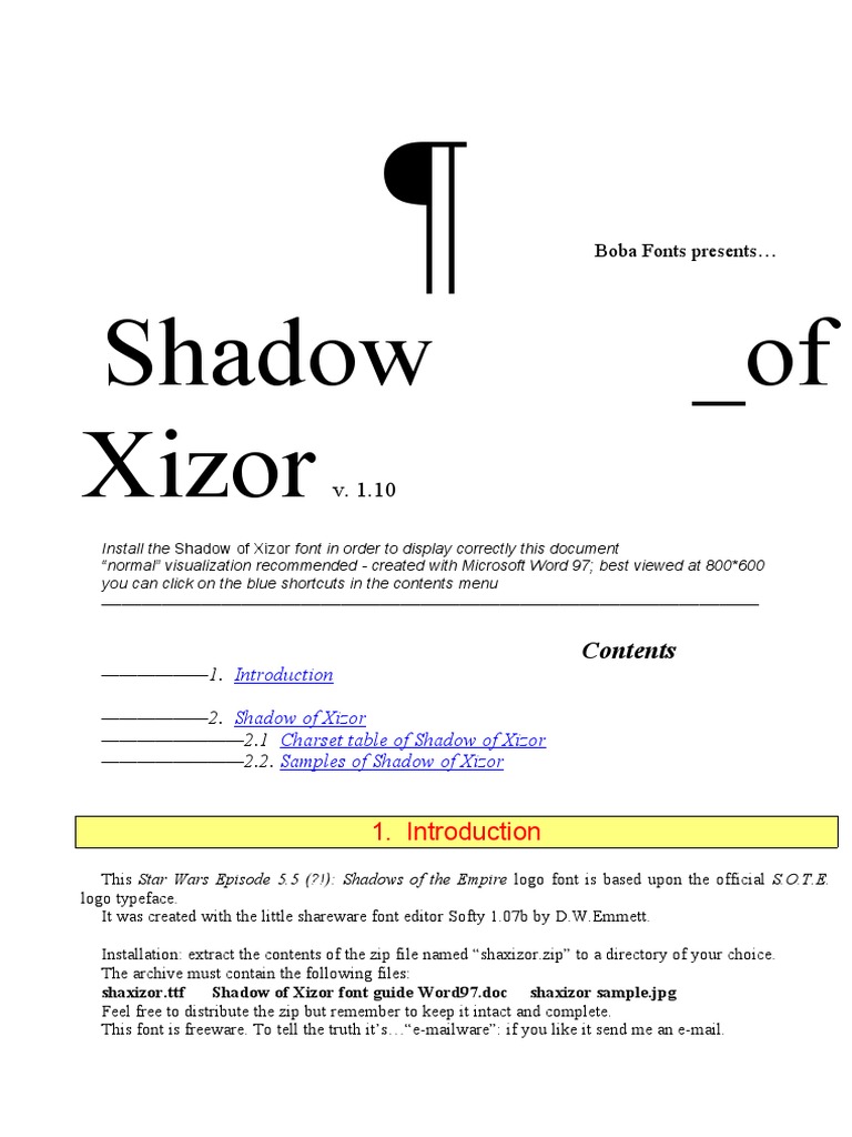Shadow of Xizor Font Guide Word97 PDF Typefaces Writing