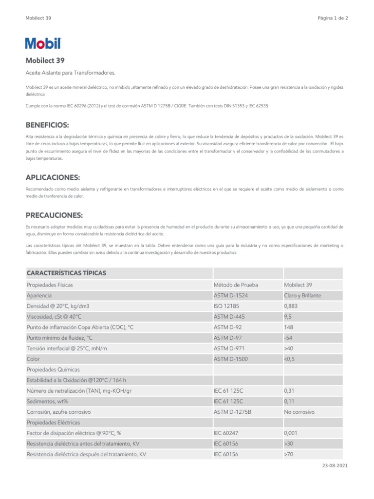 Aceite Aislante Mobilect 39 para Transformadores | PDF | Transformador ...