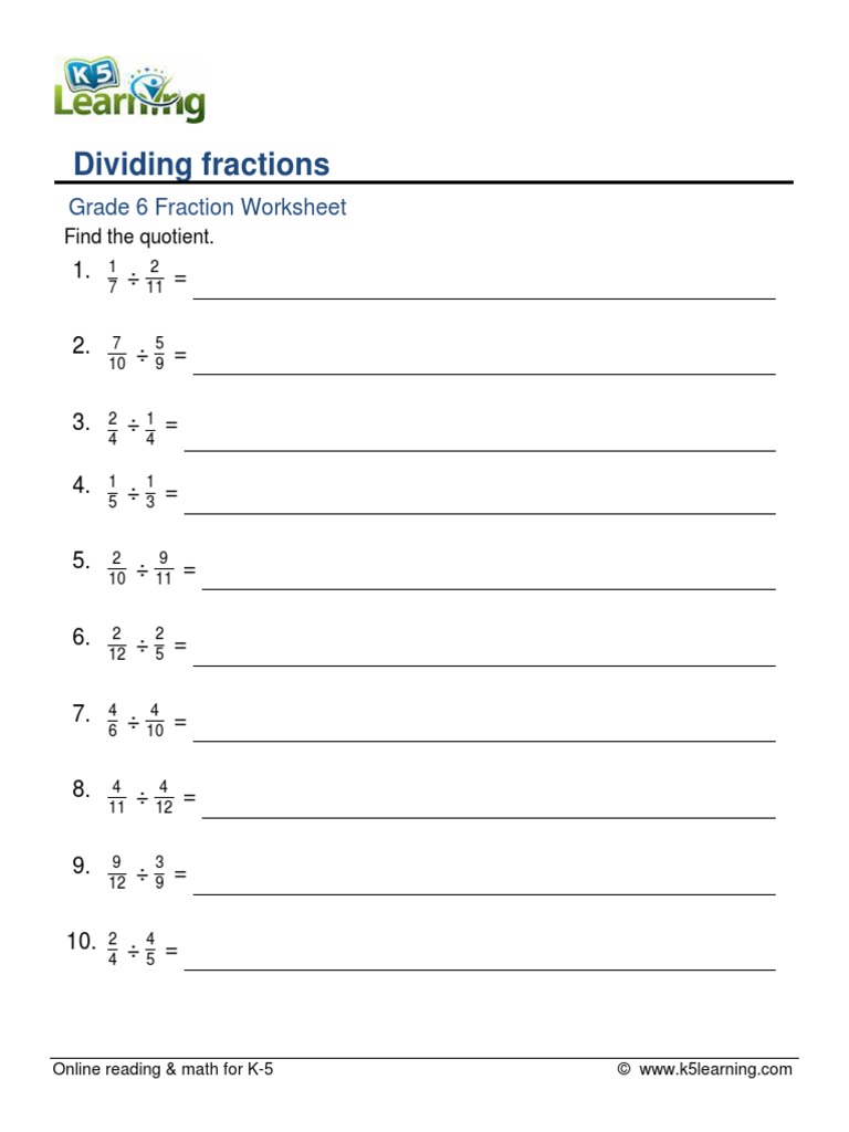 Dividing Fractions Grade 6 Fraction Worksheet PDF