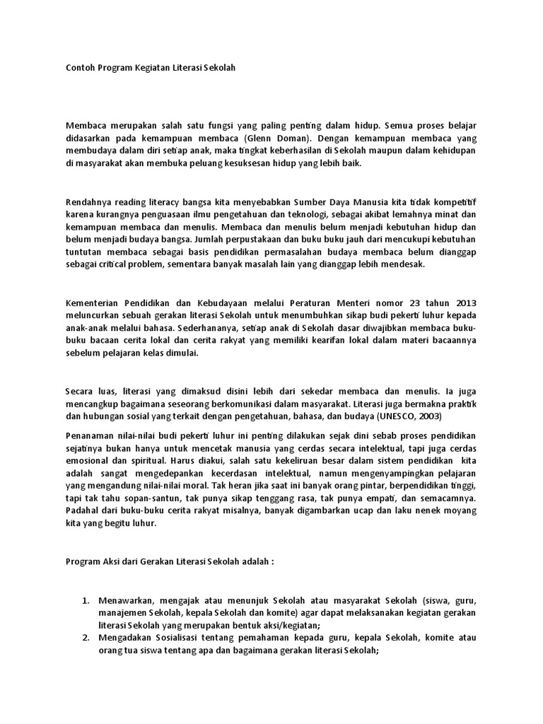 Contoh Program Kegiatan Literasi Sekolah Pdf