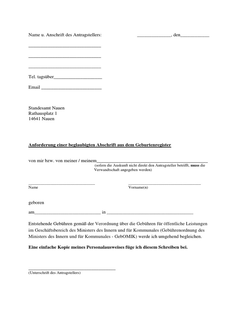 Anforderung Beglaubigte Abschrift Aus Dem Geburtenregister | PDF