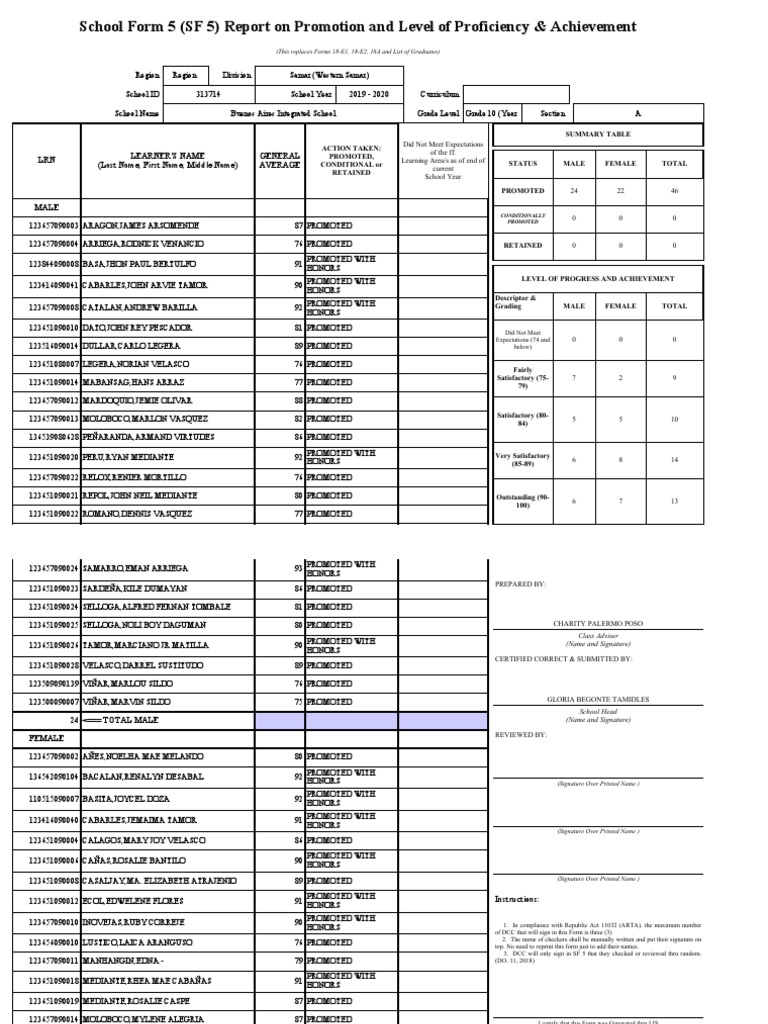 SF 5 Report: Grade 10 Promotion Summary | PDF