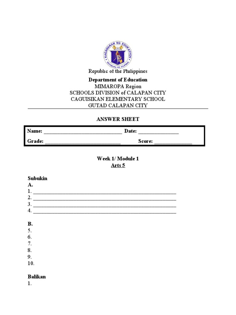 Arts 5 Answer Sheet - Week 1 Module | PDF | Philippines | Government ...