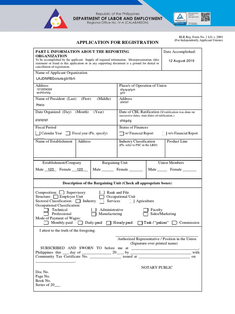 Union Registration Application Form | PDF | Ratification | Notary Public