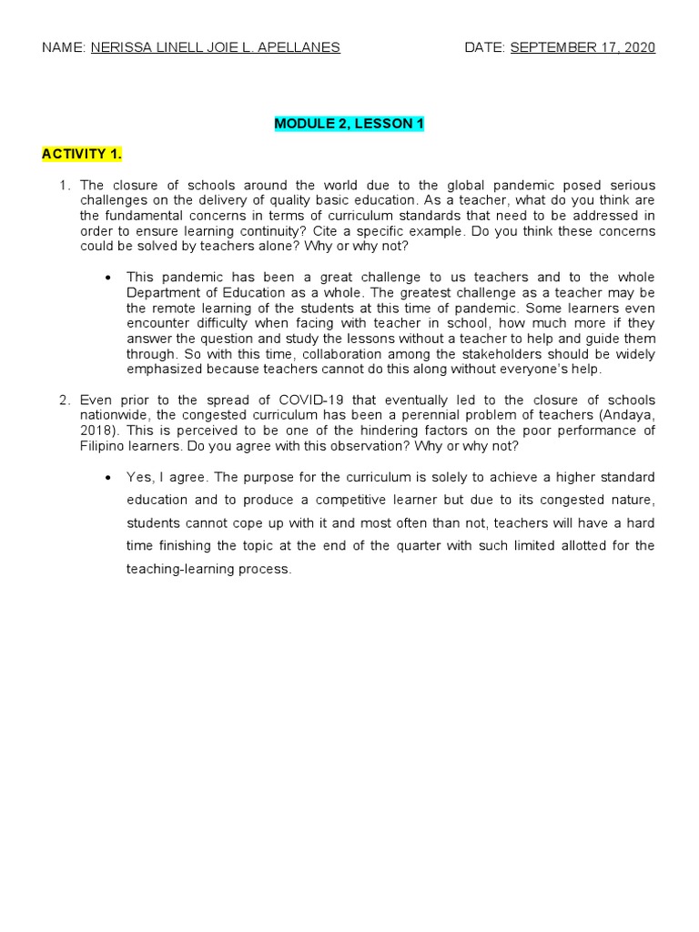 Module 2, Lesson 1 Activity 1 | PDF | Learning | Curriculum