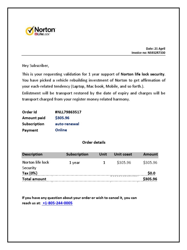 Norton LifeLock 1-Year Subscription Invoice | PDF | Finance & Money ...